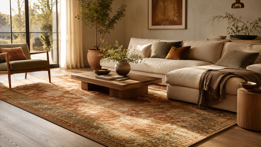 Warm, textured area rug in a modern 2026 living room design